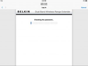 Picture of the extender web page, displaying the Checking Password screen in the Safari web browser.