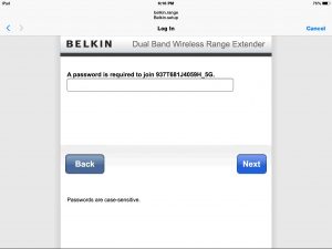Picture of the Belkin F9K1106v1 wireless range extender, displaying the Network Password prompt screen for 5 Ghz. wireless network.