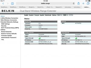 Picture of the Status web page on the Belkin N600 F9K1106v1 Range Extender.