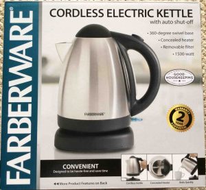 Picture of the Farberware 104556 Cordless Electric Kettle, package front view.