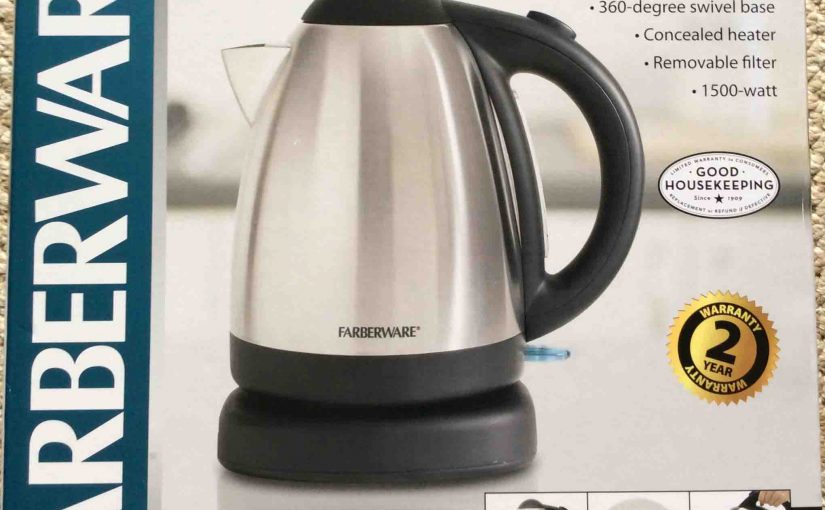 Picture of the Farberware 104556 Cordless Electric Kettle, package front view.