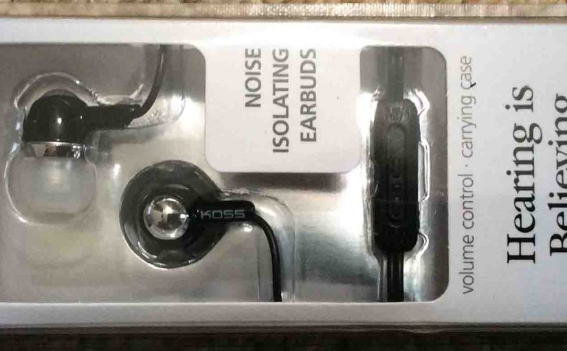 Picture of the Koss KEB30K Noise Isolating Earbuds, package front view.