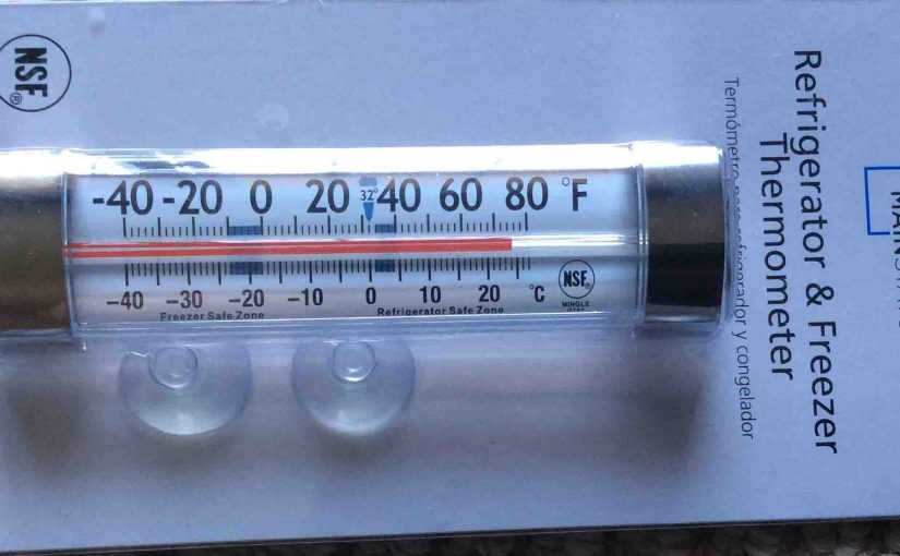 Picture of the Mainstays Refrigerator Freezer Thermometer G761, showing the front view of the original packaging.