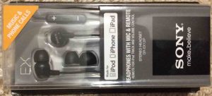 Picture of the Sony DR-EX12iP Headset Earbuds, carton front view. 