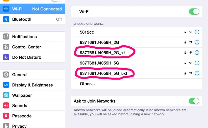 Picture of the extended network Wi-Fi SSIDs, established by the Belkin Wireless Range Extender. as seen on an iPad Air.