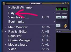 Picture of the Winamp Play Menu Item, pointed to by the pink arrow. 