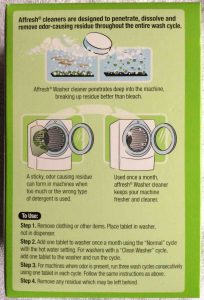 Affresh washer cleaner review. Picture of Affresh® washing machine cleaner, 7 ounce box, bottom view.