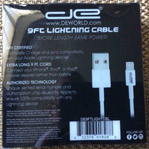 Picture of the DE 9 Ft. Lightning to USB data charging cable, original packaging back view.