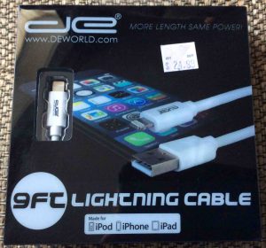 Picture of the DE 9 Ft. lightning to USB charging cable, original packaging front view.