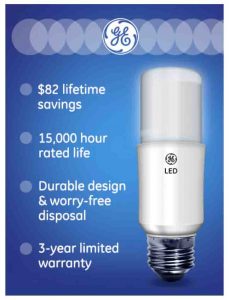 Picture of the GE Bright Stik LED Light Bulb, package front view. LED advantages and disadvantages.