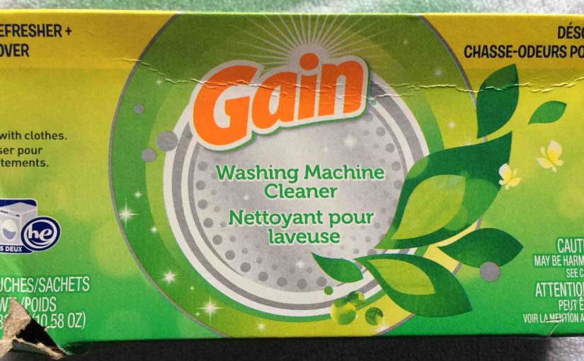 Picture of a 10.58 ounce box of Gain® Washing Machine Cleaner, four pouch, top view.