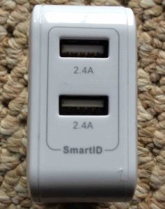Front view picture of the charger, showing the two USB ports. 