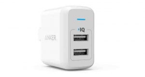 Picture of the Anker Dual Port 24 Watt Smart USB Charger, front view.
