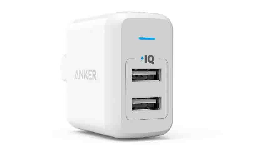 Picture of the Anker Dual Port 24 Watt Smart USB Charger, front view.