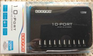 Picture of the Gearmo® 10 Port smart AC charger, model ICS-10P-HO, package front view. 