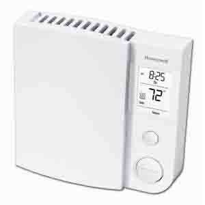 Picture of the Honeywell RLV430A Programmable 5-2 line voltage thermostat, stock photo. Installing baseboard heaters.