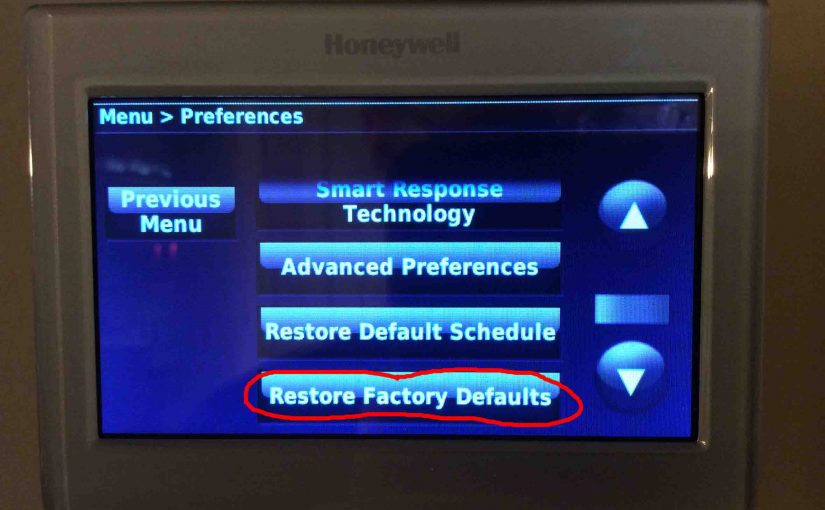 Picture of the Honeywell RTH9580WF Smart Thermostat, with the Menu, Preferences, Restore Factory Defaults button circled.