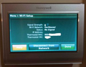 Picture of a Honeywell smart t-stat , displaying the WiFi Setup screen.