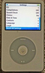 Picture of the iPod Video, displaying its Settings menu, with Reset menu item selected.