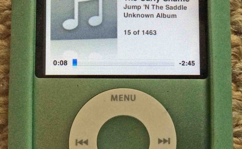 Picture of the iPod Nano 3rd Generation portable player, paused while playing an audio file.