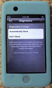Picture of the iPod Touch portable media player, displaying the Diagnostics handling option screen.