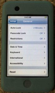 Picture of the Apple iPod Touch Portable Media Player, displaying the Reset menu item on its General Settings menu.