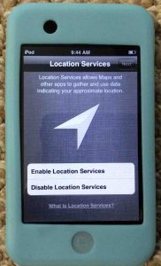 Picture of the Apple iPod Touch Player, displaying the Location Services option screen.