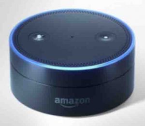 Picture of the Amazon Echo Dot 1st generation speaker, front top view. 