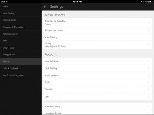 Picture of the Settings screen on the iOS Alexa App. 
