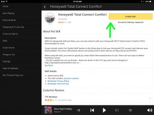 Picture of the Amazon Alexa App, showing the Honeywell Total Connect Comfort Skill Setup screen, with the Enable Skill button highlighted.