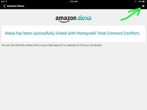 Picture of the Amazon Alexa App, displaying the Linkage Successful screen, with the Close button highlighted. Connecting Amazon Echo Dot to Honeywell Thermostats. 