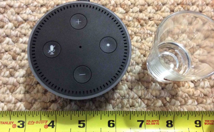 Picture of the Amazon Alexa Echo Dot Gen 2 Speaker measurements, perspective.