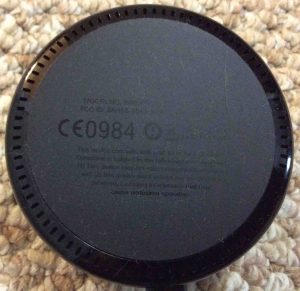 Picture of the Amazon Alexa Echo Dot Gen 2, showing underside and the speaker openings. Echo Dot 2nd generation review.
