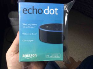 Picture of the Amazon Echo Dot 2nd Gen speaker in original package, front view. Echo Dot 2nd generation review.