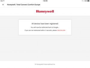 Picture of the -Honeywell Total Connect Comfort Device Registered Success- screen. 