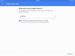 Picture of the Google Home App on iOS, Setup screen, showing Living Room selected for speaker. Google Home App Screenshots 2016