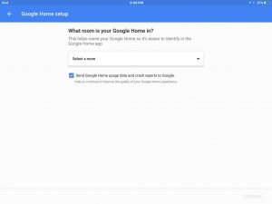 Picture of the Google Home app on iOS, displaying the Google Home Setup screen, prompting to select a room for speaker. Google Home App Screenshots 2016