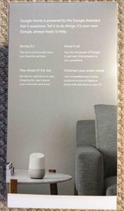 Picture of the Google Home smart speaker, original box, showing the back side. Google Home photos.