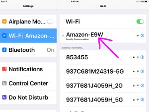 Picture of the iOS Settings WiFi Screen, showing successful connection with the AMAZON-XXX network.