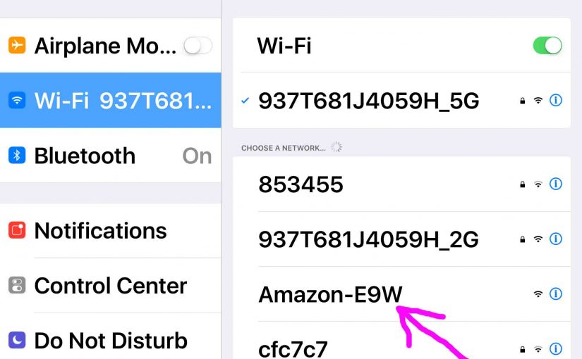 Picture of the iOS Settings WiFi Screen, showing the available AMAZON-XXX Network Highlighted though not yet connected.