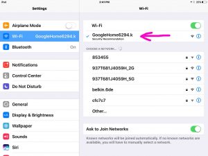 Picture of the iOS Wi-Fi Settings screen, with a connection established with the GoogleHomeXXXX.Y speaker hotspot.