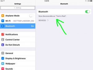 Picture of the iPad Bluetooth Discovery Mode Screen, showing that Bluetooth is ON. 