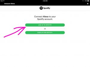 Picture of the Amazon Alexa app on iOS, displaying the -Connect Alexa to Spotify Account- screen, with the -Log In To Spotify- button highlighted