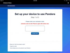 Picture of the Amazon Alexa App on iOS, displaying the -Pandora Device Setup Step 1 of 3- screen.