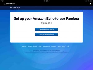 Picture of the Amazon Alexa app on iOS, displaying the -Pandora Device Setup Step 2 of 3- screen.