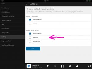 Picture of the Amazon Alexa app on iOS, displaying the -Settings, Choose Default Music Services- screen, with the Pandora choice highlighted.