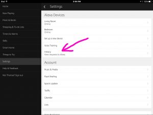 Picture of the Amazon Alexa app on iOS, displaying its Settings screen, with the history option highlighted.