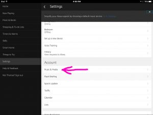 Picture of the Amazon Alexa app, displaying the Settings screen, with the Music & Media link highlighted.