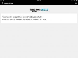 Picture of the Amazon Alexa App on iOS, Displaying the -Spotify Account Linked Successfully- Screen.