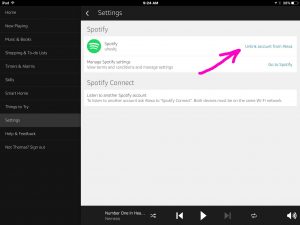 Picture of the Amazon Alexa app on iOS, displaying the -Spotify Settings- screen, with the -Unlink Account from Alexa- option highlighted.